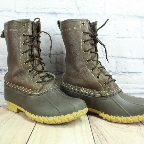 LL Bean Brown Leather Shearling Lined Mid Calf Duck Boots Round Toe Size 8 Wide - Picture 3 of 10